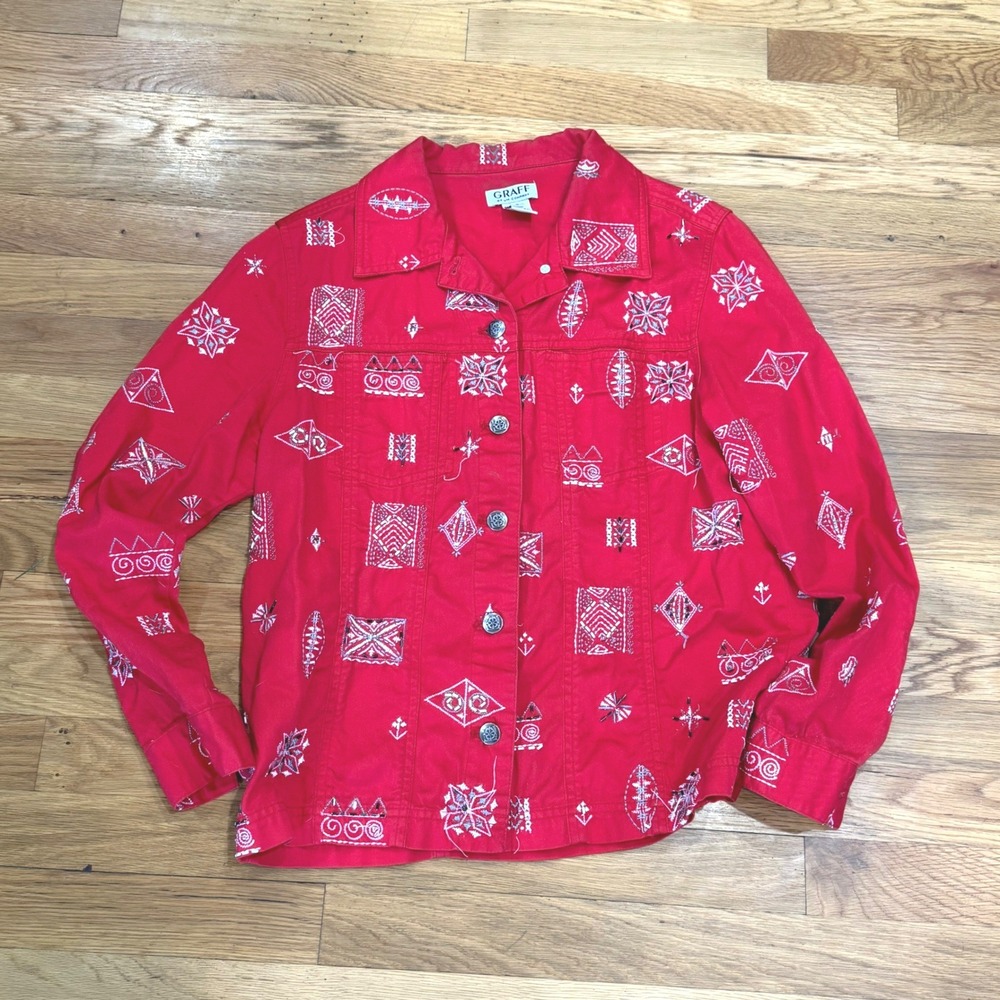Graff by UM Company Red Embroidered Denim‎ Jacket Womens Small Cotton Geometric